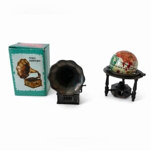 Vintage Die-Cast Phonograph Pencil Sharpener Original Box & Miniature Globe